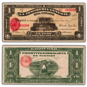 SOLD Mexico La Tesoreria general Del Estado Yucatan 1916 1 Peso Note P #S1135 - Writing