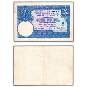 SOLD Malay States 1941 One Picul of Dry Rubber Coupon Note - VF/EF