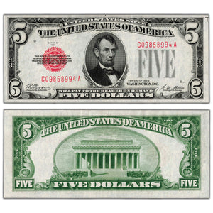 SOLD United States 1928 $5 Red Seal Note - AU