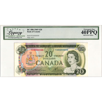 SOLD $20 1969 Bank of Canada Note YA Prefix Solid Serial 4444444 BC-50b - Legacy EF-40 PPQ