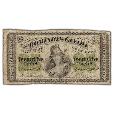 25 Cents 1870 Dominion of Canada Shinplaster Note Plain DC-1c - Minor Pinholes