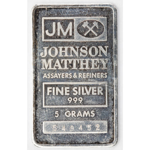 SOLD Johnson Matthey JM 5 Gram .999 Silver Bar