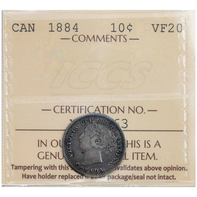Canada 1884 10 Cents Dime SIlver Coin - ICCS VF-20