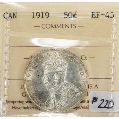 SOLD Canada 1919 50 Cents Half Dollar Silver Coin - ICCS EF-45