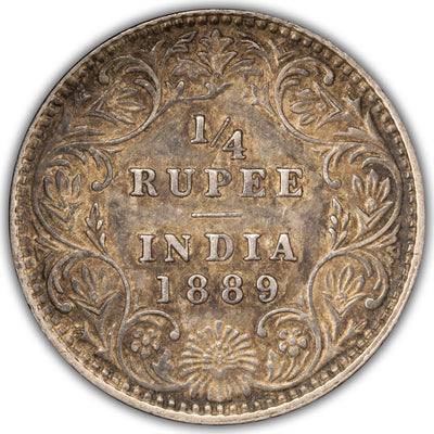 India 1889 Incuse B 1/4 Rupee Silver Coin KM #490