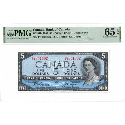 SOLD $5 1954 Bank of Canada Note Devil Face I/C Prefix BC-31b - PMG Gem UNC-65 EPQ