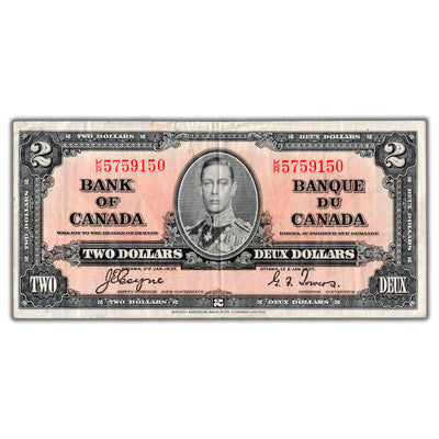 $2 1937 Bank of Canada Note Coyne-Towers K/R Prefix BC-22c - VF