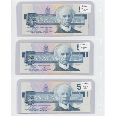 $5 1986 Bank of Canada Notes - Lot of 10 - Retail $289