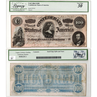 United States 1864 $100 Confederate States Note RADAR T-65 - Legacy VF-30