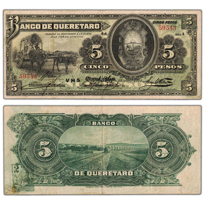 Mexico Banco de Queretaro 1914 5 Five Pesos Note P #S390b - Circulated