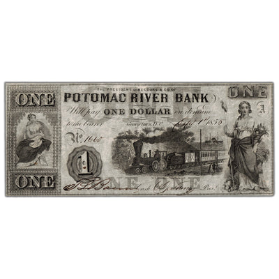 SOLD United States 1855 Potomac River Bank $1 One Dollar Obsolete Note - About EF