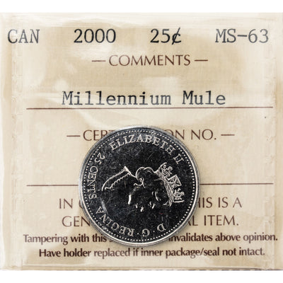 Canada 2000 Millennium Mule 25 Cents Quarter Error Coin - ICCS MS-63