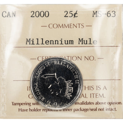 Canada 2000 Millennium Mule 25 Cents Quarter Coin - ICCS MS-63