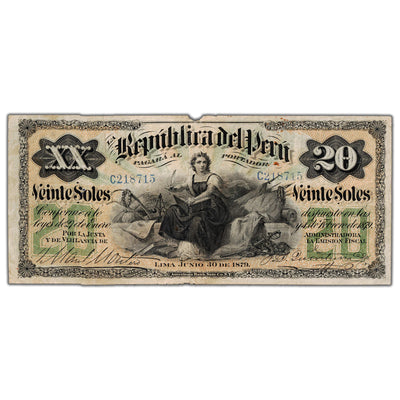 Peru 1879 20 Twenty Soles Note P #7a - Missing Small Piece