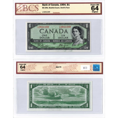 SOLD $1 1954 Bank of Canada Note Devil Face L/A Prefix BC-29b - BCS UNC-64
