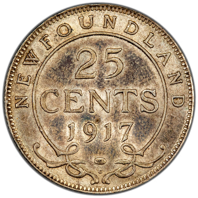 Newfoundland 1917-C 25 Cents Quarter Silver Coin - Almost Uncirculated