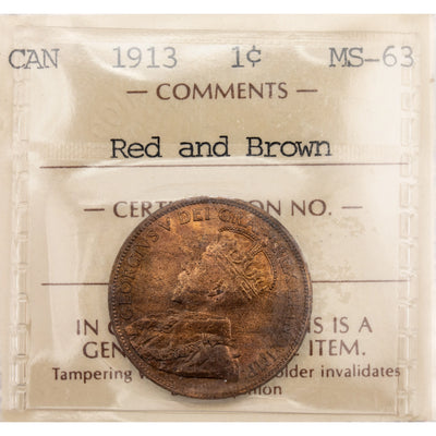 Canada 1913 One Large Cent Coin - ICCS MS-63 Red & Brown