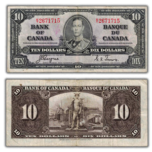 SOLD $10 1937 Bank of Canada Note Coyne-Towers K/T Prefix BC-24c - Minor Writing