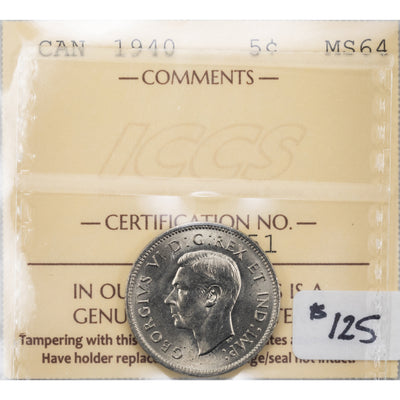 Canada 1940 5 Cents Nickel Coin - ICCS MS-64