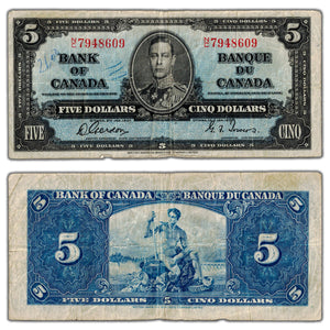 SOLD $5 1937 Bank of Canada Note Gordon-Towers N/C Prefix BC-23b - Writing
