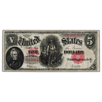 SOLD United States 1907 $5 Five Dollars Legal Tender "Woodchopper" Note Fr. 91