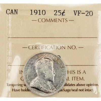 Canada 1910 25 Cents Quarter Silver Coin - ICCS VF-20