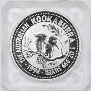 SOLD Australia 1994 1oz .999 Fine Silver Kookaburra Coin - Cracked Capsule