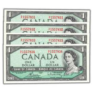 SOLD $1 1954 Bank of Canada Notes N/F Prefix BC-37c - 4 Consecutive - Ch UNC