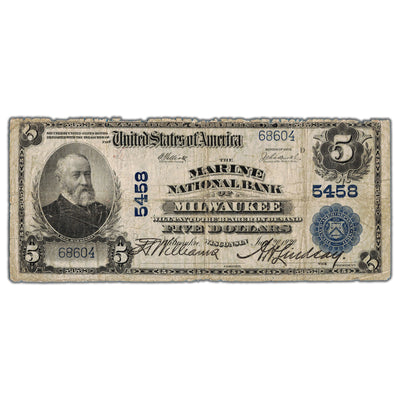 SOLD United States 1902 $5 Marine National Bank of Milwaukee, WI Note #5458 - Damaged Edge
