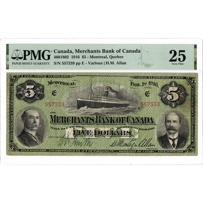 $5 1916 Merchants Bank of Canada Chartered Note #460-18-02 - PMG VF-25