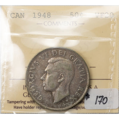 SOLD Canada 1948 50 Cents Half Dollar Silver Coin - ICCS VF-20