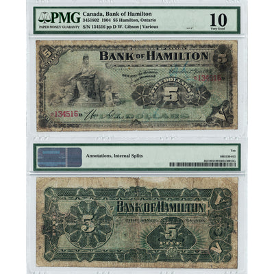 $5 1904 Bank of Hamilton Canada Chartered Note #345-18-02 - PMG VG-10