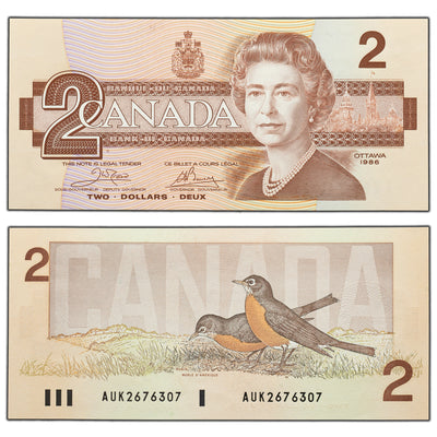 SOLD $2 1986 Bank of Canada Note Crow-Bouey AUK Prefix BC-55a - Choice UNC