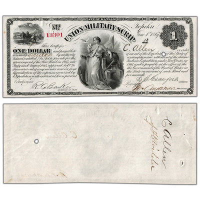 United States 1867 $1 Union Military Scrip Kansas Note
