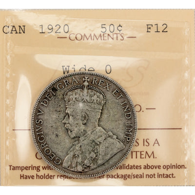 SOLD Canada 1920 Wide 0 50 Cents Half Dollar Silver Coin - ICCS F-12