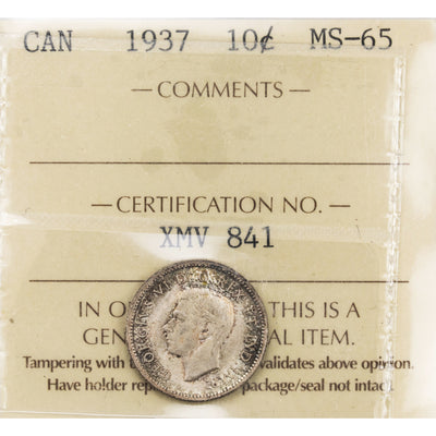 Canada 1937 10 Cents Dime Silver Coin - ICCS MS-65
