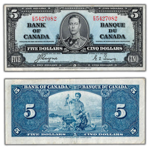 SOLD $5 1937 Bank of Canada Note Gordon-Towers E/S Prefix BC-23c - Pressed