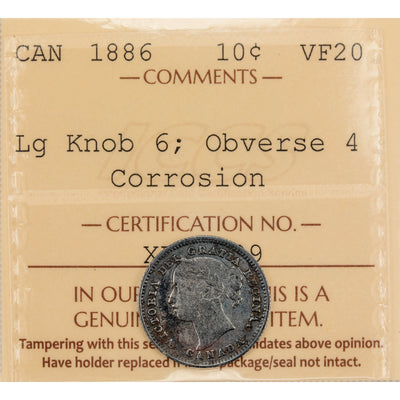 Canada 1886 Lg Knob 5 Obverse 4 10 Cents Dime Silver Coin - ICCS VF-20 (corrosion)