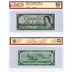 SOLD $1 1954 Bank of Canada Note Devil Face J/A prefix BC-29b - BCS AU-50