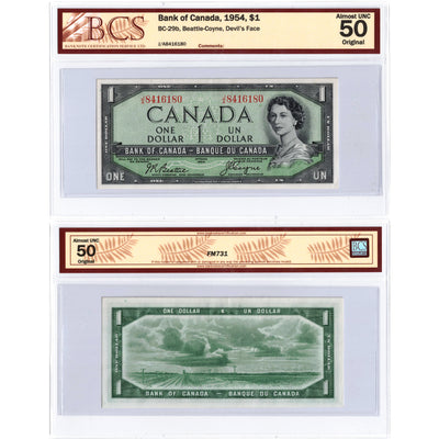 SOLD $1 1954 Bank of Canada Note Devil Face J/A prefix BC-29b - BCS AU-50