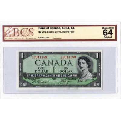 SOLD $1 1954 Bank of Canada Note Devil Face L/A Prefix BC-29b - BCS UNC-64