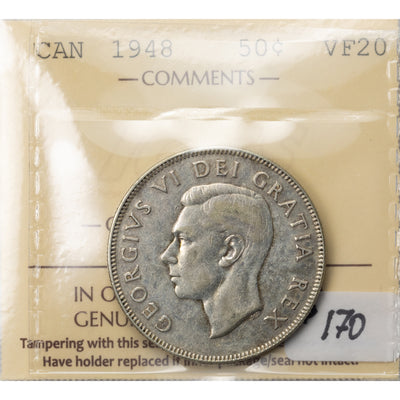 SOLD Canada 1948 50 Cents Half Dollar Silver Coin - ICCS VF-20