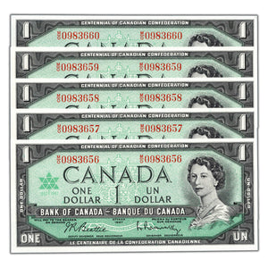SOLD $1 1967 Bank of Canada Notes M/O Prefix BC-45b - 5 Consecutive Choice Uncirculated