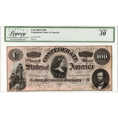 United States 1864 $100 Confederate States Note RADAR T-65 - Legacy VF-30