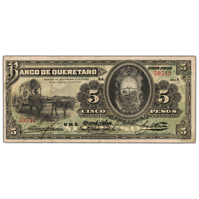 Mexico Banco de Queretaro 1914 5 Five Pesos Note P #S390b - Circulated