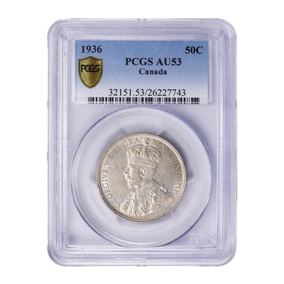 SOLD Canada 1936 50 Cents Half Dollar Silver Coin - PCGS AU-53