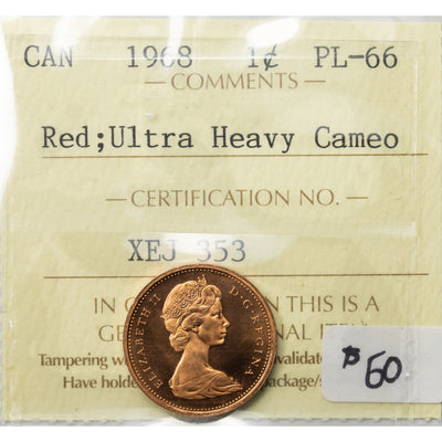 SOLD Canada 1968 1 Small Cent Coin - ICCS PL-66 Red UHC
