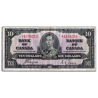 $10 1937 Bank of Canada Note Coyne-Towers J/T Prefix BC-24c - F/VF