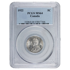 SOLD Canada 1922 5 Cents Nickel Coin - PCGS MS-64