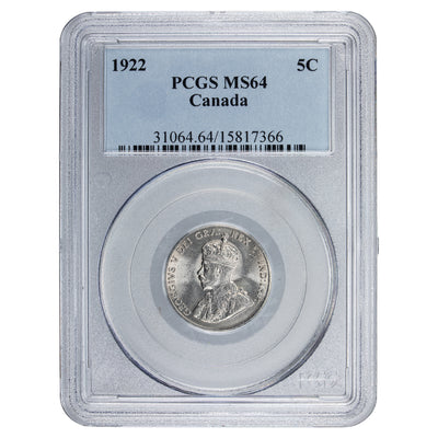 SOLD Canada 1922 5 Cents Nickel Coin - PCGS MS-64